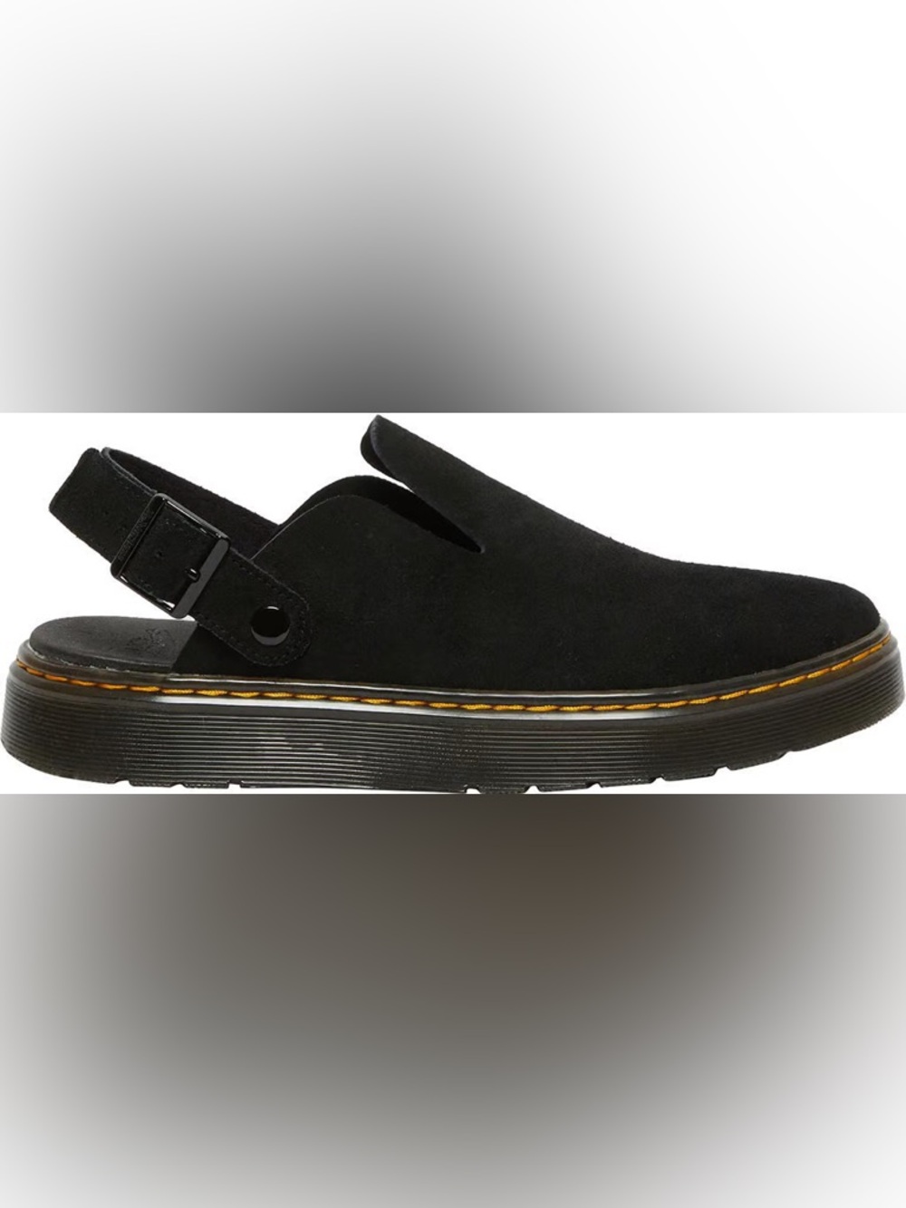 Dr. Martens Black Suede Slingback Clog with Yellow Welt Stitching